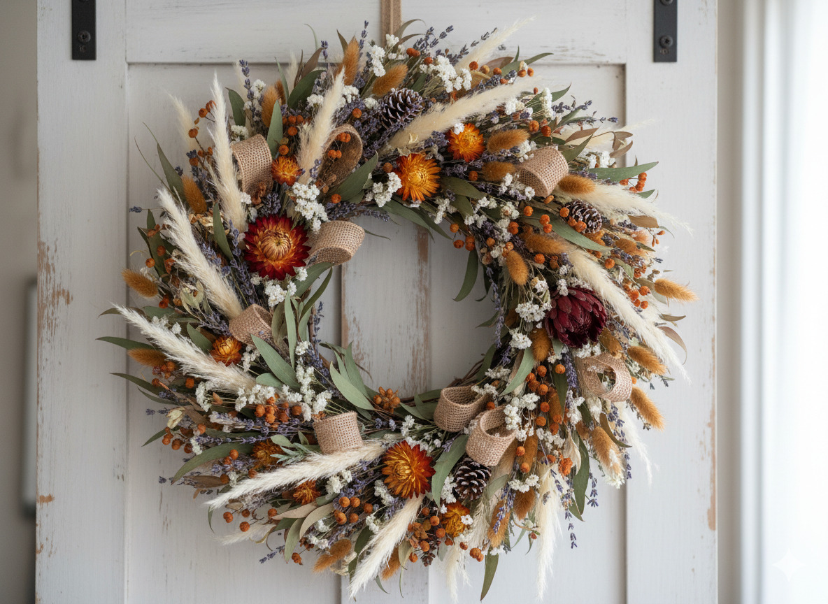Seasonal dried flower wreath